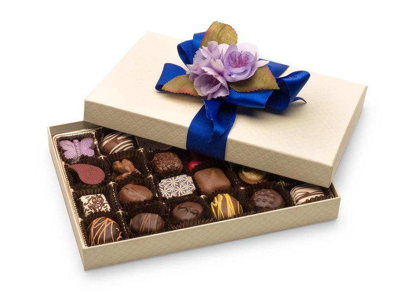 24 piece Luxury Gift Box in Quilted Creative. with blue ribbon and lavender floral bow